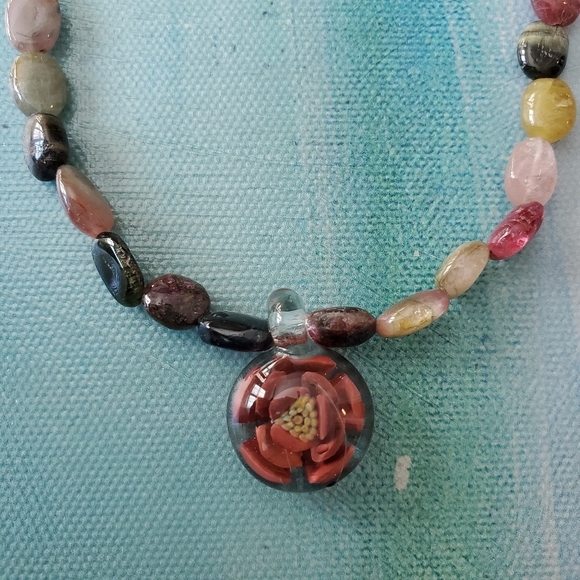Artisan Jewelry - Tourmaline Necklace w/ Glass Cabochon & Bracket